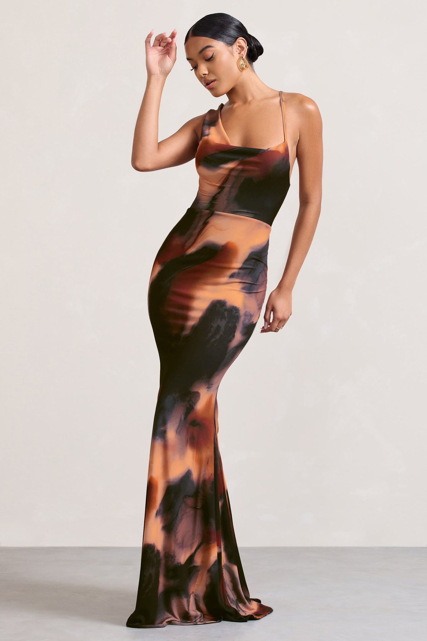 Phantasy | Orange Smoke Print Asymmetric Neckline Cowl Maxi Dress