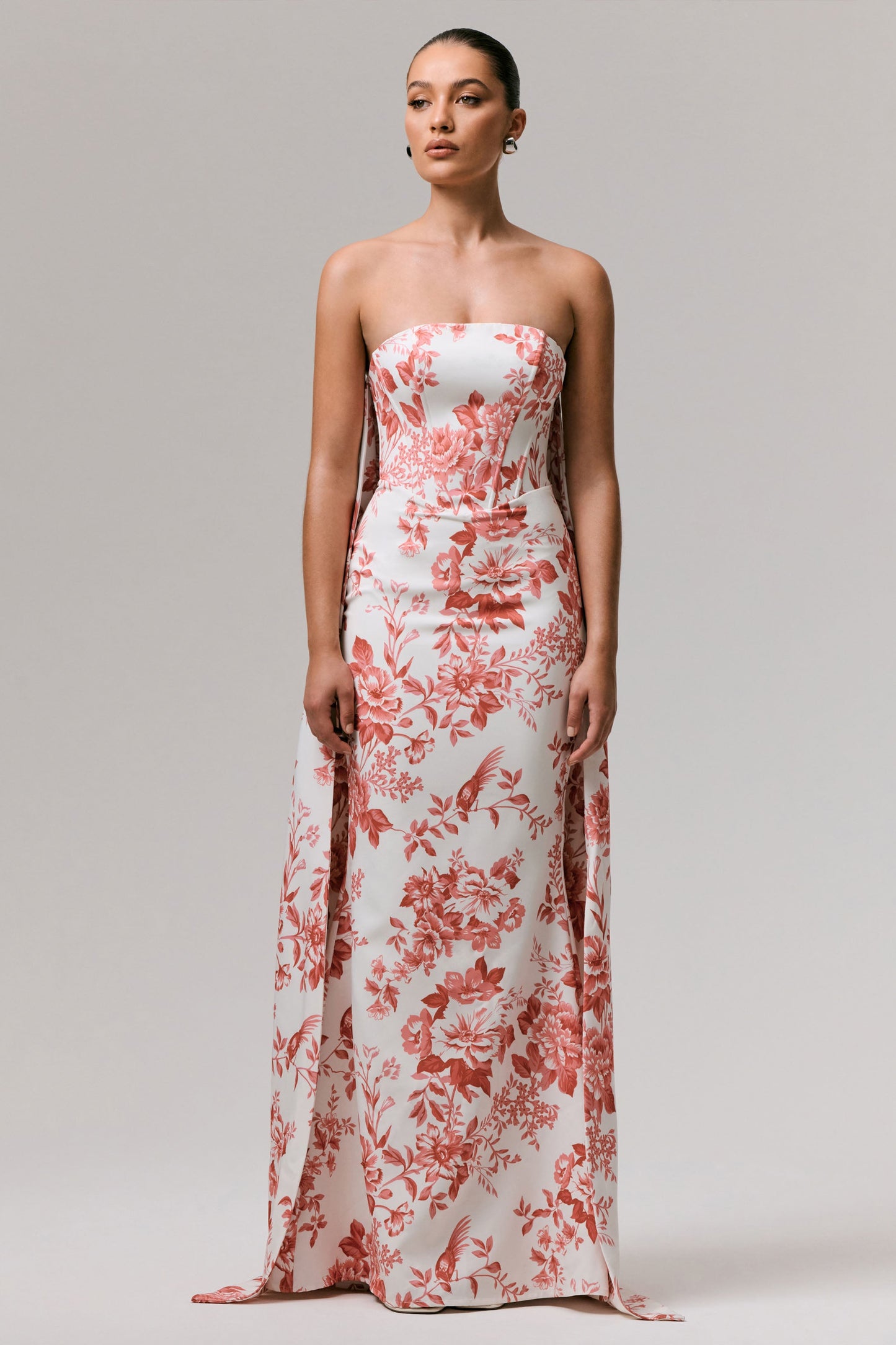 Lywenn | Pink Porcelain Print Bandeau Maxi Dress With Cape