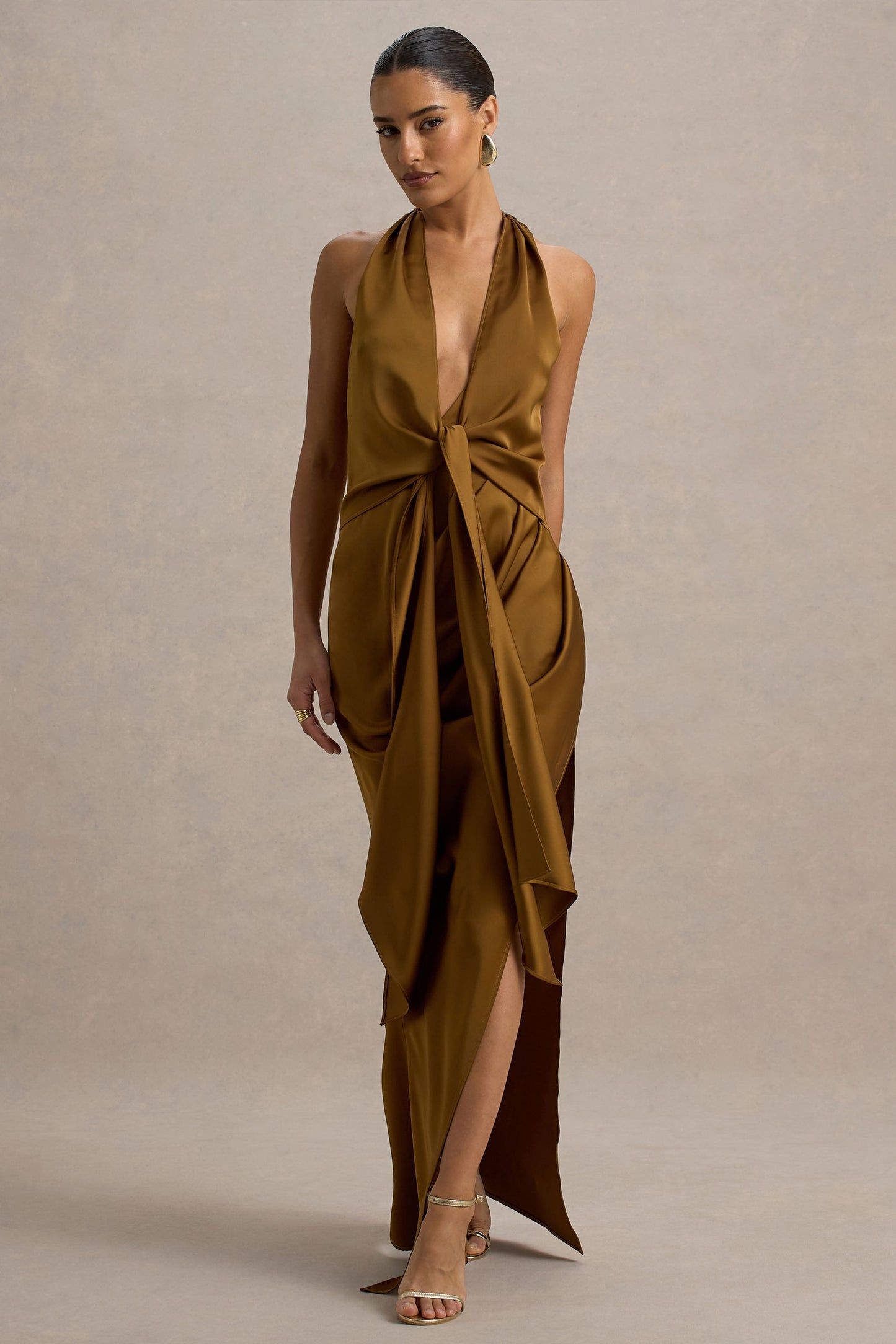 Lynette | Olive Satin Plunge-Neck Asymmetric Maxi Dress