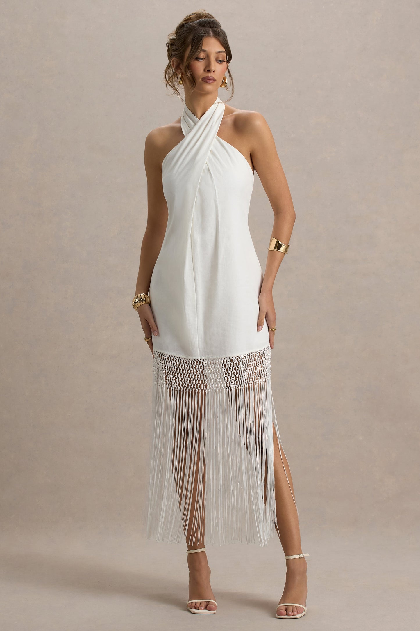 Fiametta | Ecru Linen Halter-Neck Fringe Maxi Dress