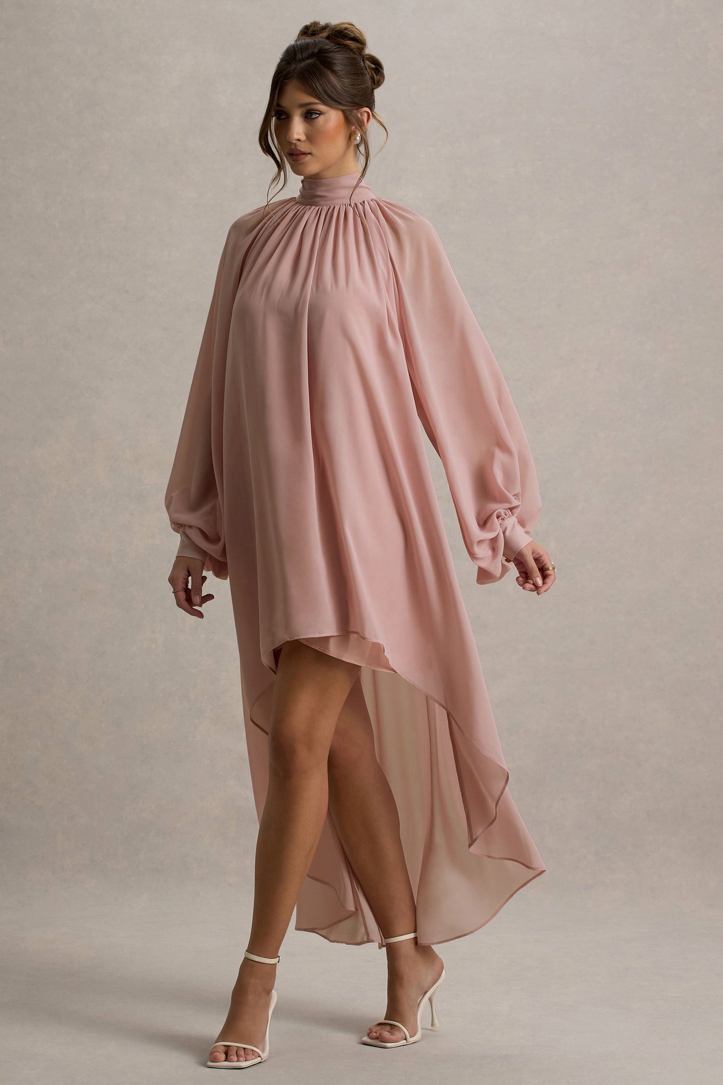 Delphia | Pale Pink High-Neck Maxi Dress With High-Low Hem