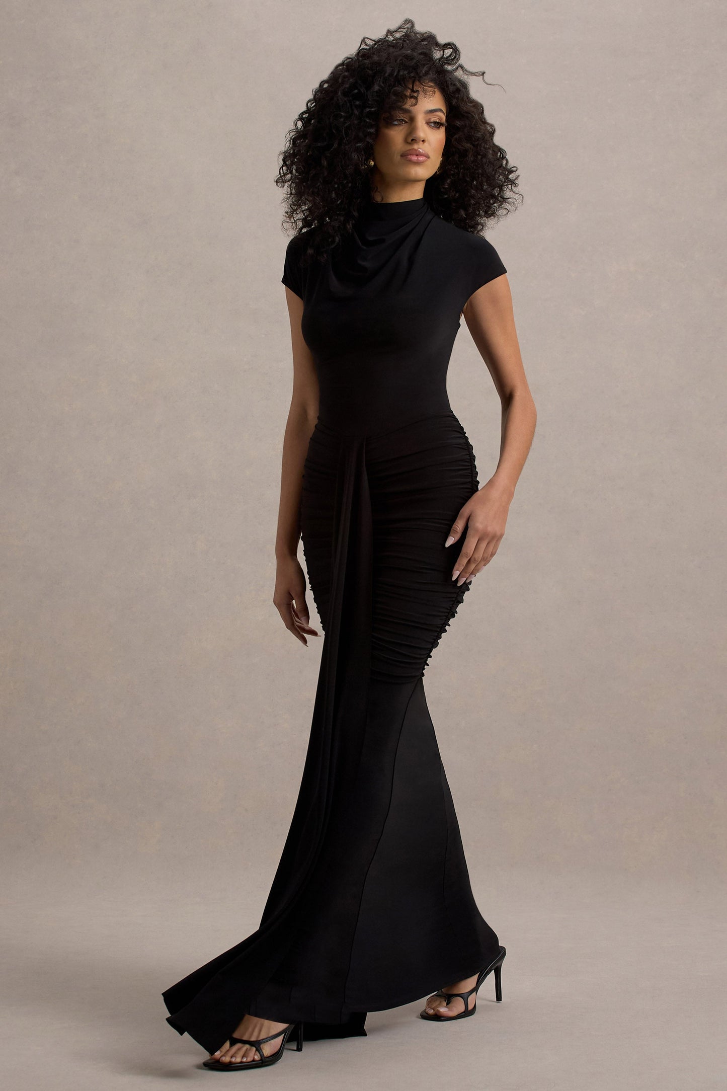 Lorenza | Black High-Neck Ruched Maxi Dress With Draped Skirt