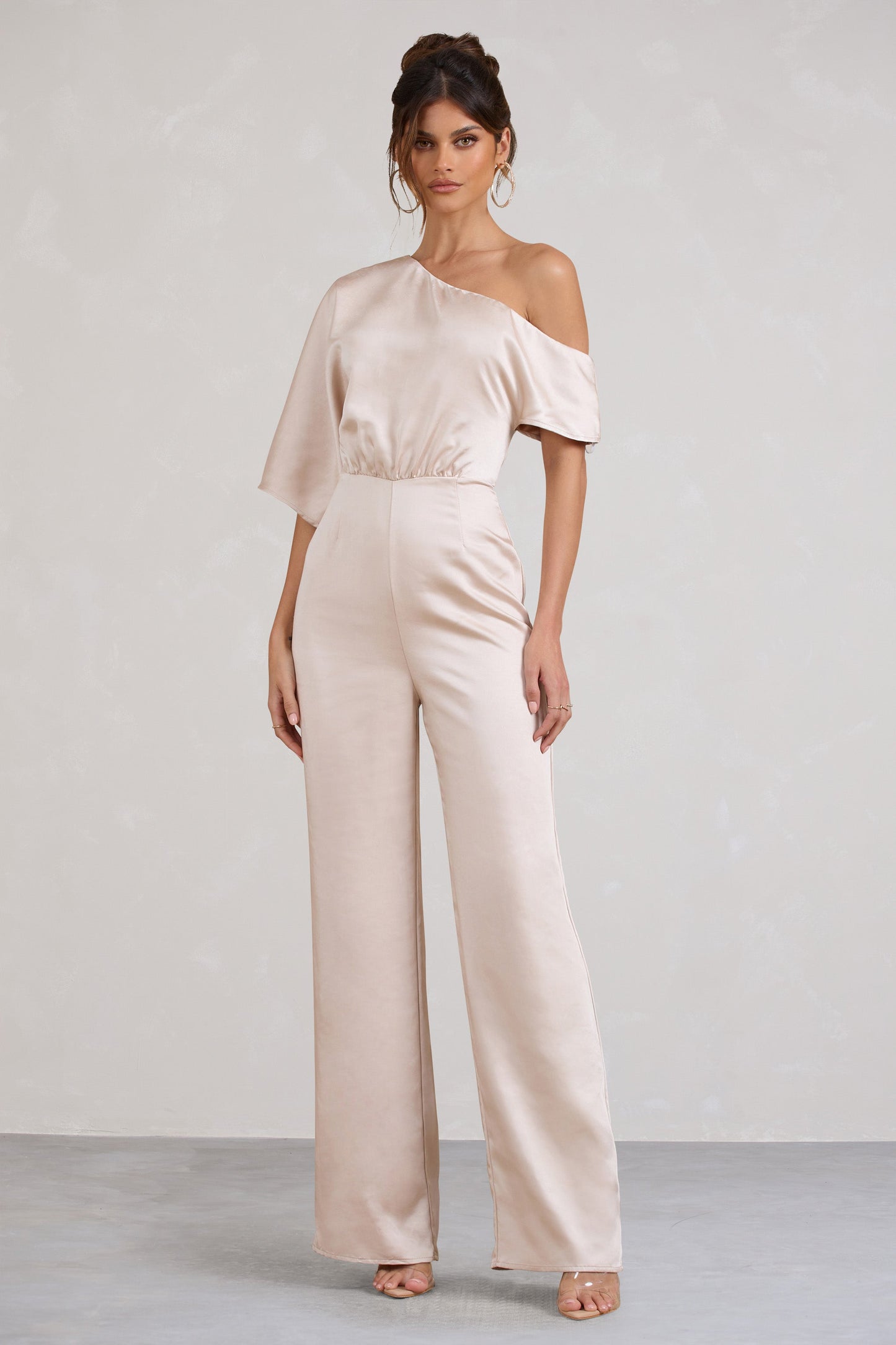 Marvellous | Champagne Satin Asymmetric Flared-Leg Jumpsuit