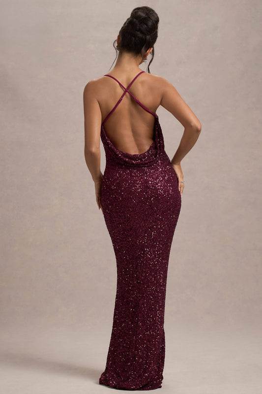 Cosmic | Berry Sequin Square-Neck Strappy Maxi Dress