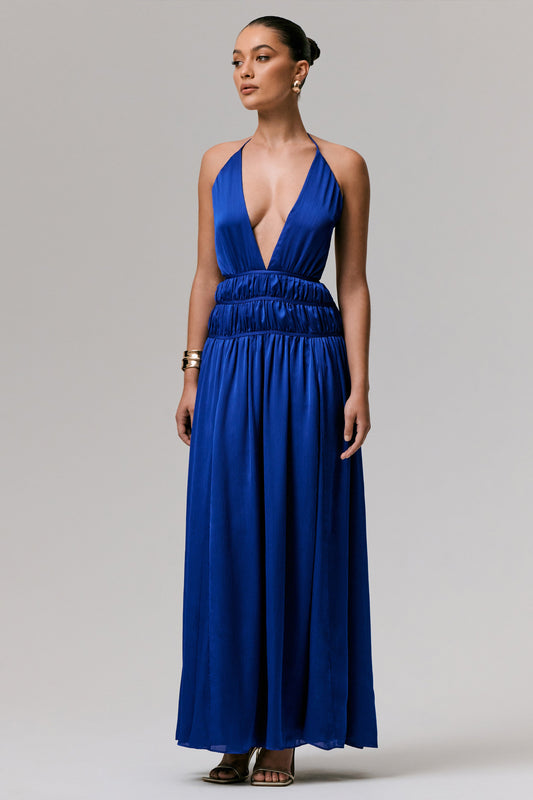 Pacific | Blue Halter-Neck Maxi Dress with Open-Back