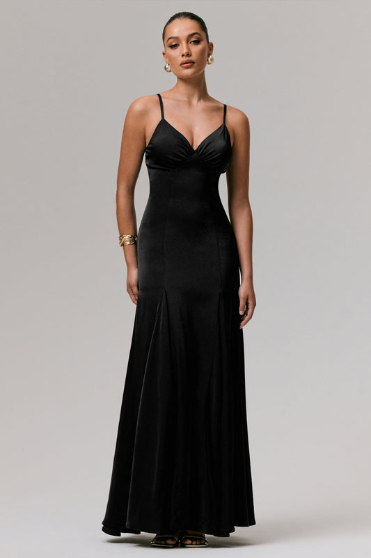 Ashly | Black Satin Maxi Dress With Volume Hem