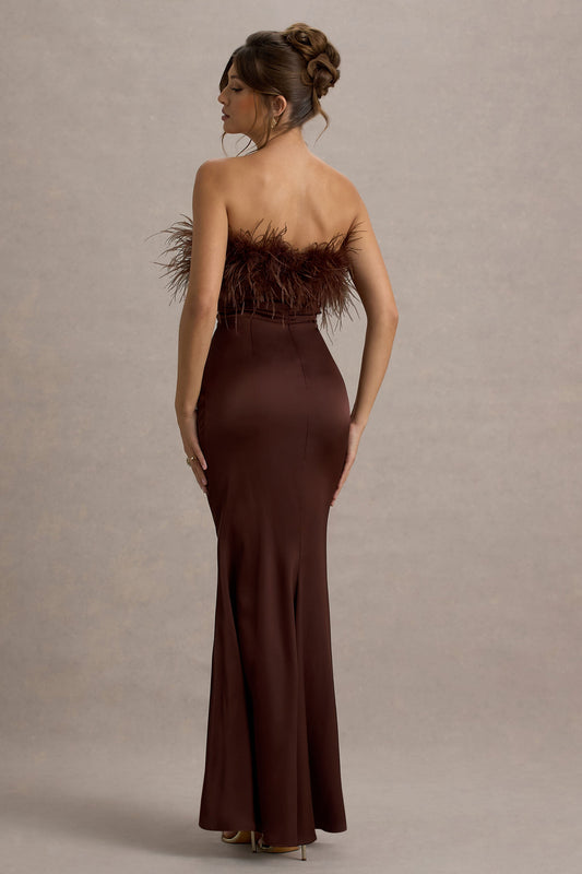 Dress For It | Brown Satin Feather Trim Bandeau Maxi Dress