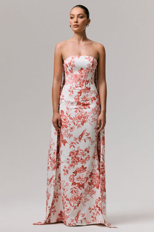 Lywenn | Pink Porcelain Print Bandeau Maxi Dress With Cape