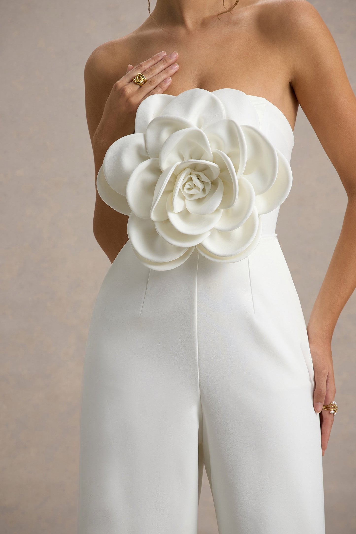 Opia | White Bandeau Wide-Leg Jumpsuit With Large Floral Corsage
