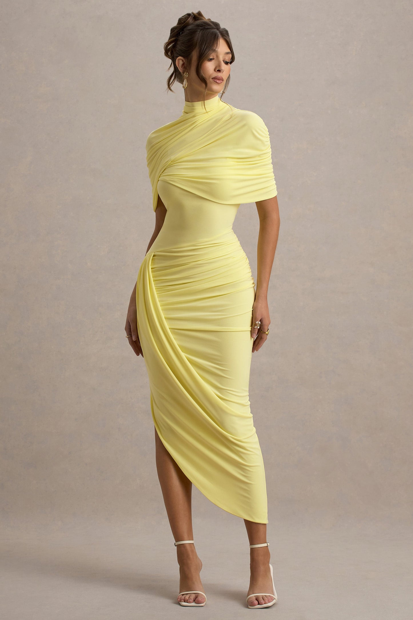 Enchant | Lemon Asymmetric Twisted Cape Maxi Dress