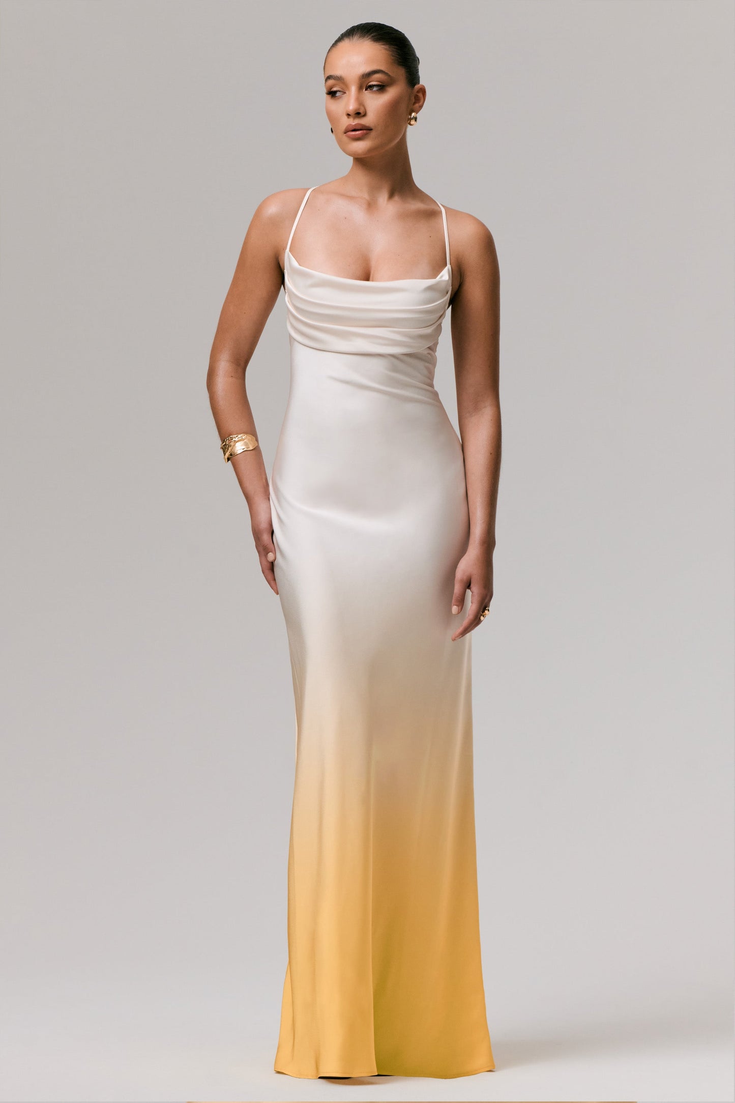Lucie | Yellow Ombre Satin Cowl-Neck Maxi Dress