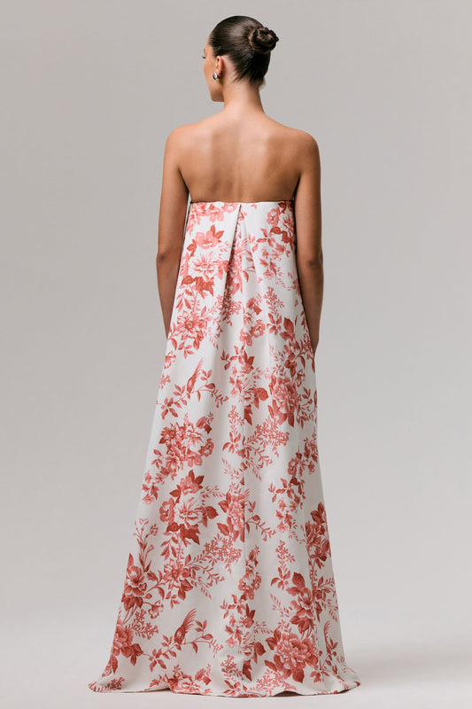 Lywenn | Pink Porcelain Print Bandeau Maxi Dress With Cape