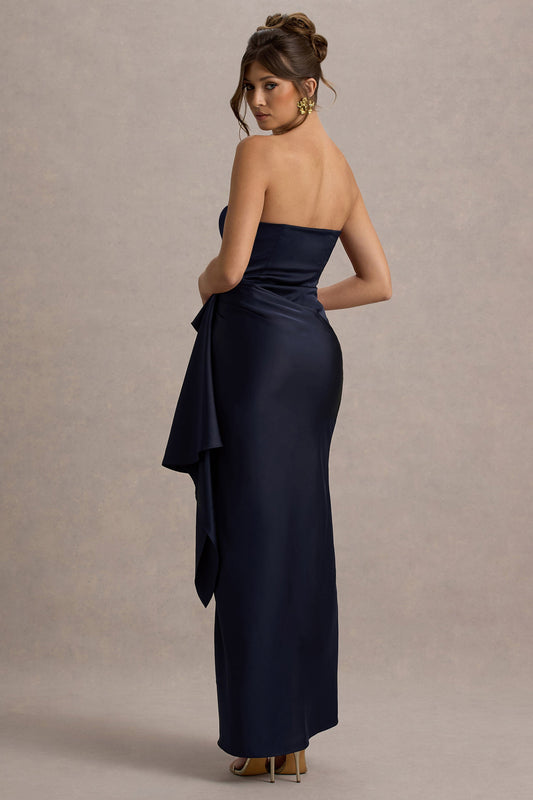 Loz | Navy Satin Bandeau Draped Maxi Dress