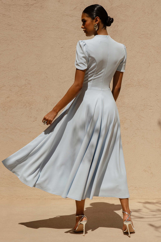Vicky | Powder Blue High Neck Midi Dress With Puff Sleeves