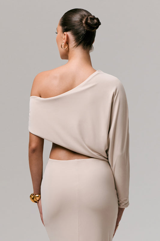 Dua | Cream Asymmetric One-Sleeve Draped Top