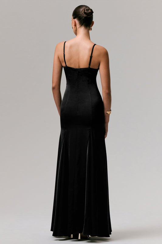 Ashly | Black Satin Maxi Dress With Volume Hem