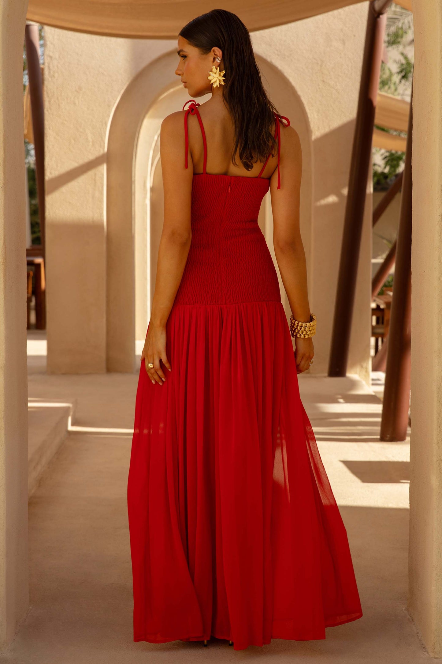 Maeva | Red Square-Neck Fishtail Maxi Dress With Ruched Detailing