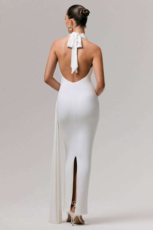 Maude | White Plunge-Neck Ruched Maxi Dress With Sash